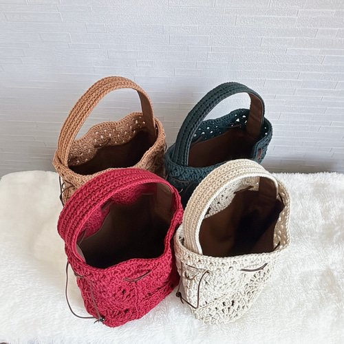 2Wayが嬉しい♡巾着バッグ【ルビーレッド】＼グラニーモチーフ編み