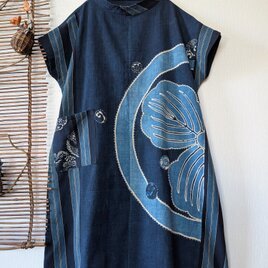 古布リメイク 久留米絣サイドギャザーワンピース 久留米絣 藍染 刺し子