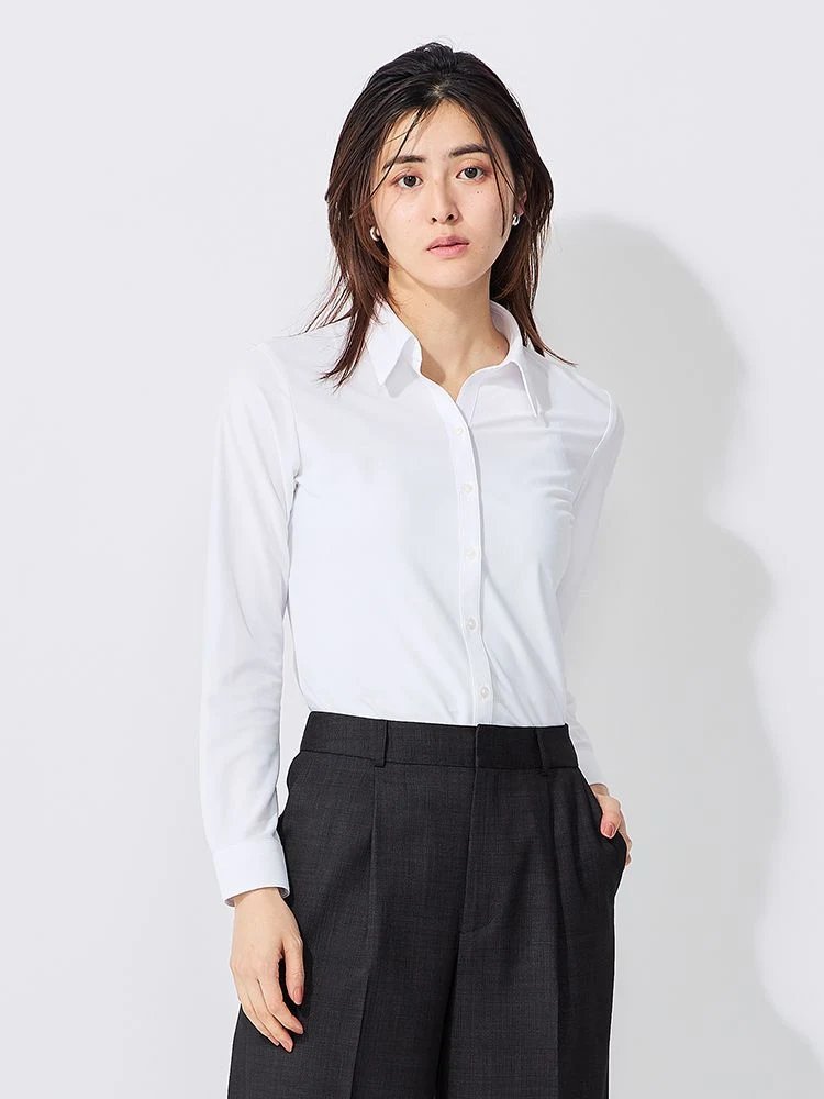 完全ノーアイロン/15号展開】長袖アイシャツブラウス 無地 スキッパー