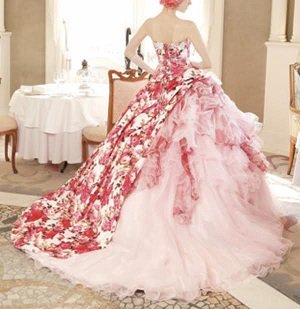 カラードレス花柄、色鮮やかな花柄プリントドレス5号～19号（2