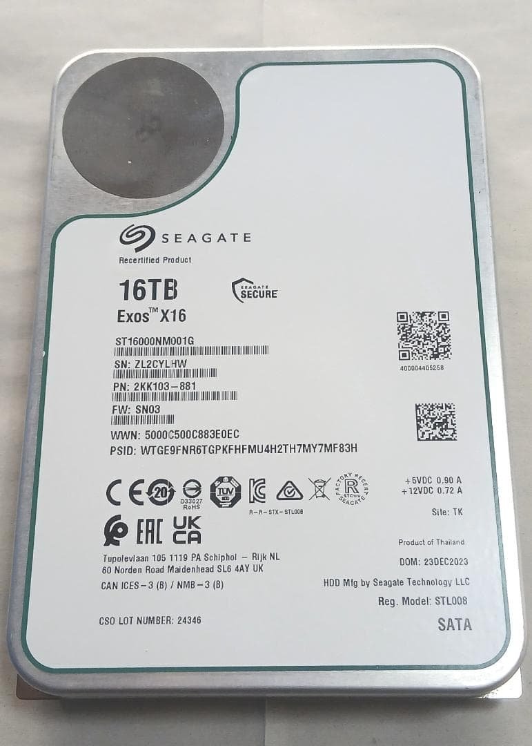 Seagate　ST16000NM001G　16TB　3.5インチ　中古 Exos Seagate X16 SATA 512E CMR 内蔵ハードディスク 3.5